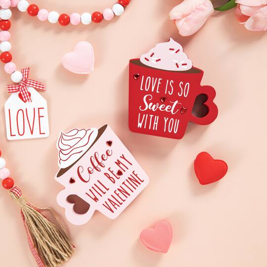 Glitzhome® Wooden Valentine's Coffee Cup Table Décor Set